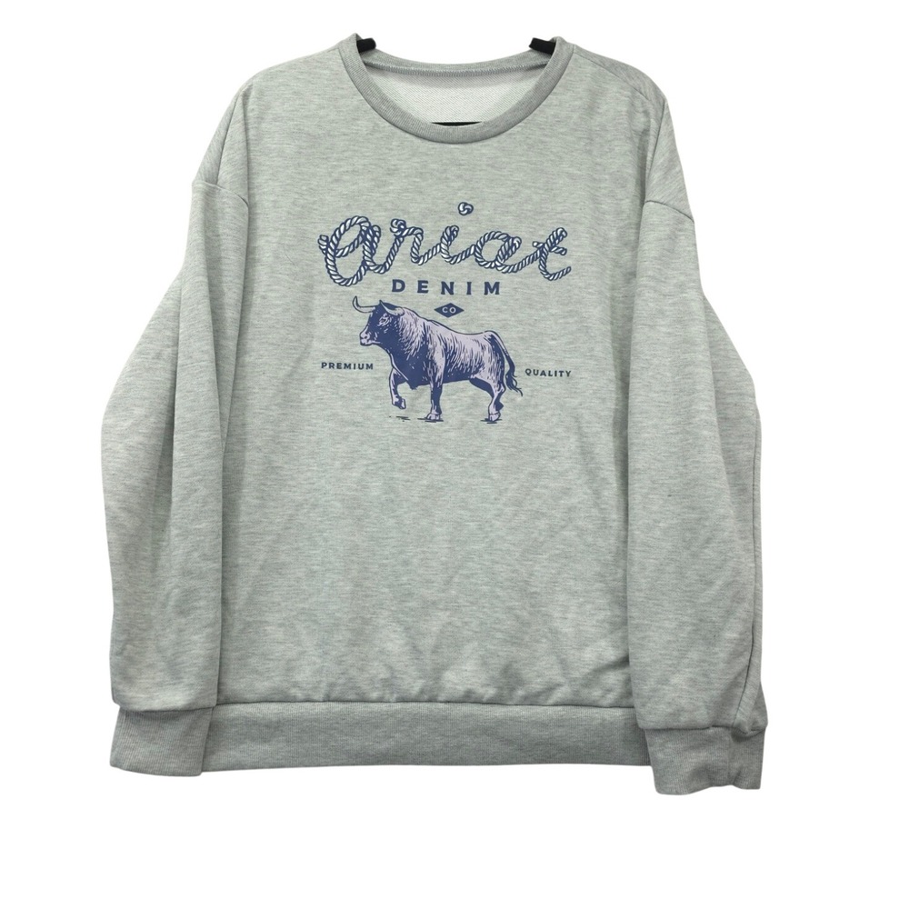 Women Western Bull Graphic Gray Crewneck Sweatshirt Size L Cowgirl Rodeo Rustic